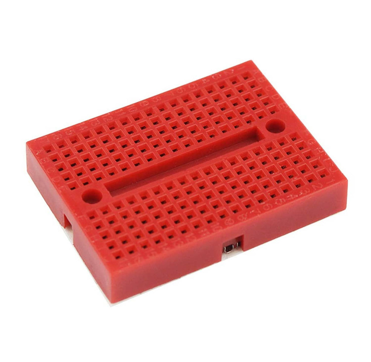 Red mini solderless breadboard, 170 points, with two mounting holes and pin grid.