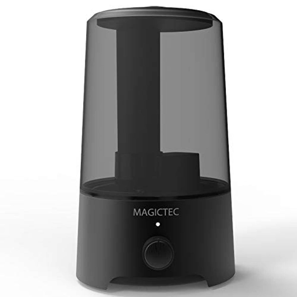 Black cool mist humidifier with top tank and circular control knob on front base