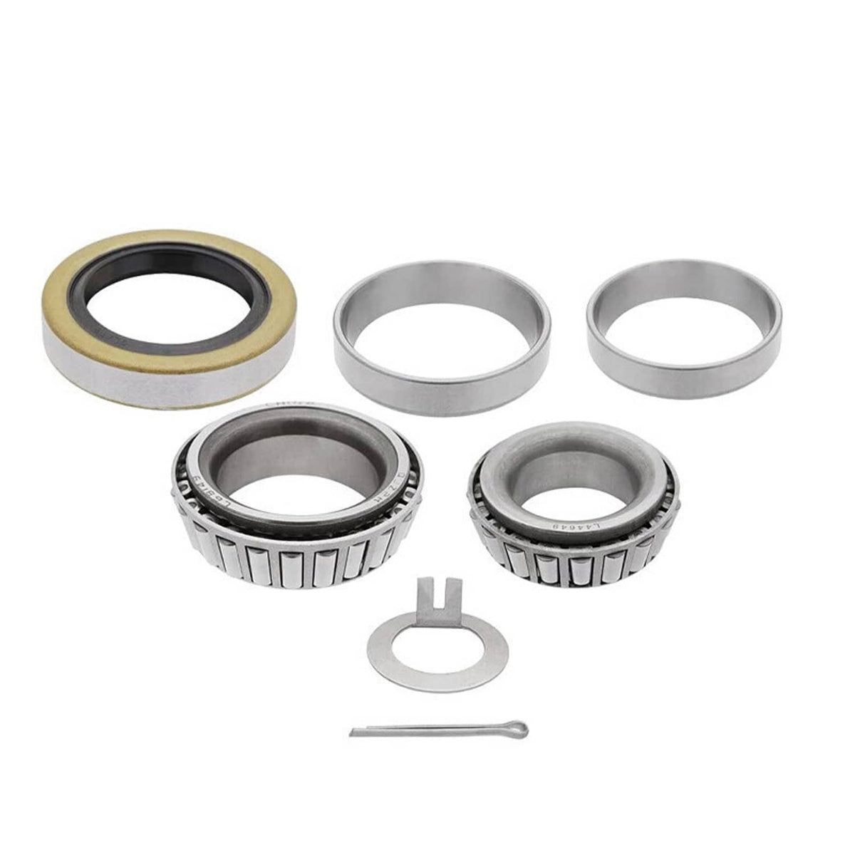 Trailer bearing kit seals set with tapered roller bearings, races, and snap ring cotter pin