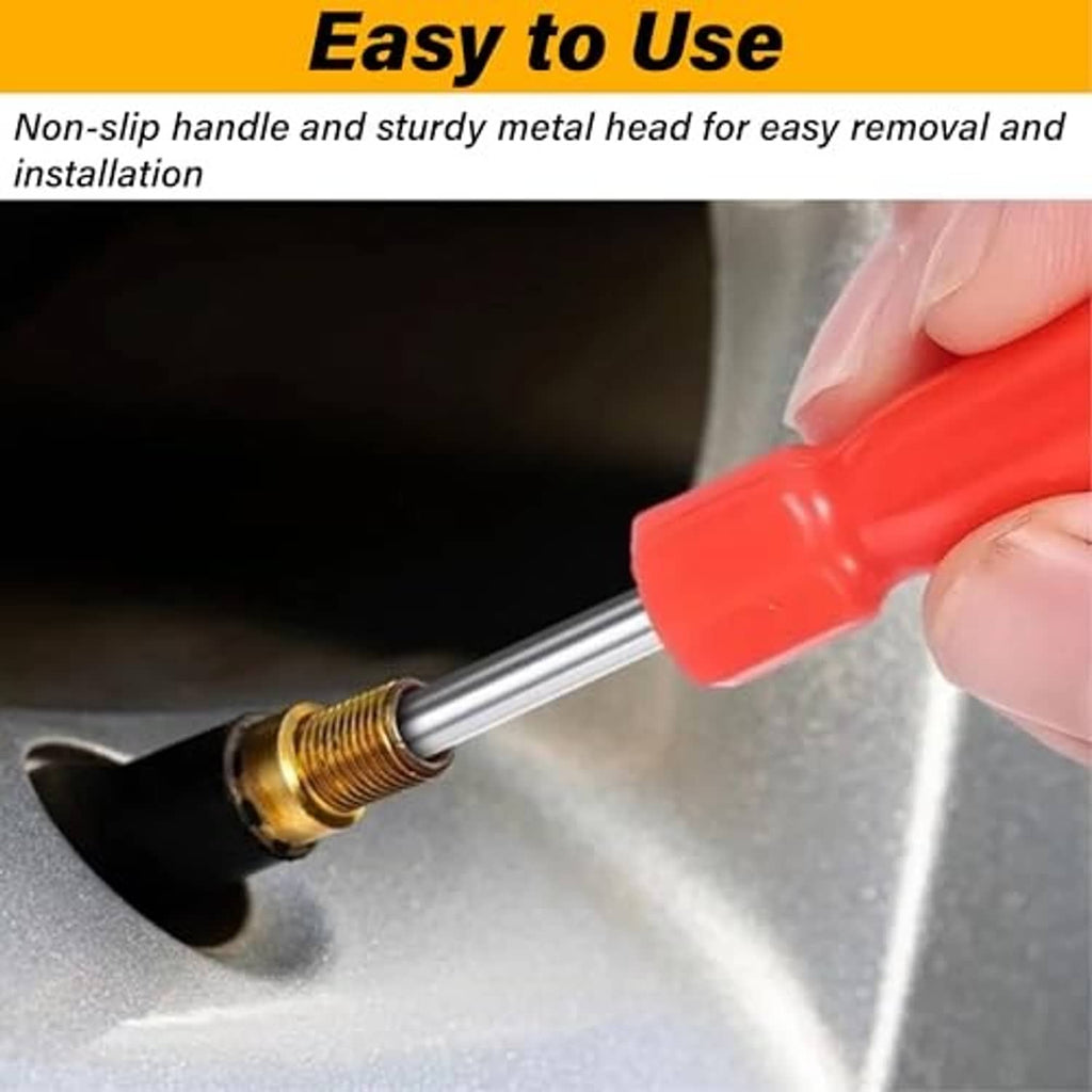 Red-handled valve stem removal tool removing a brass valve core from a tire valve