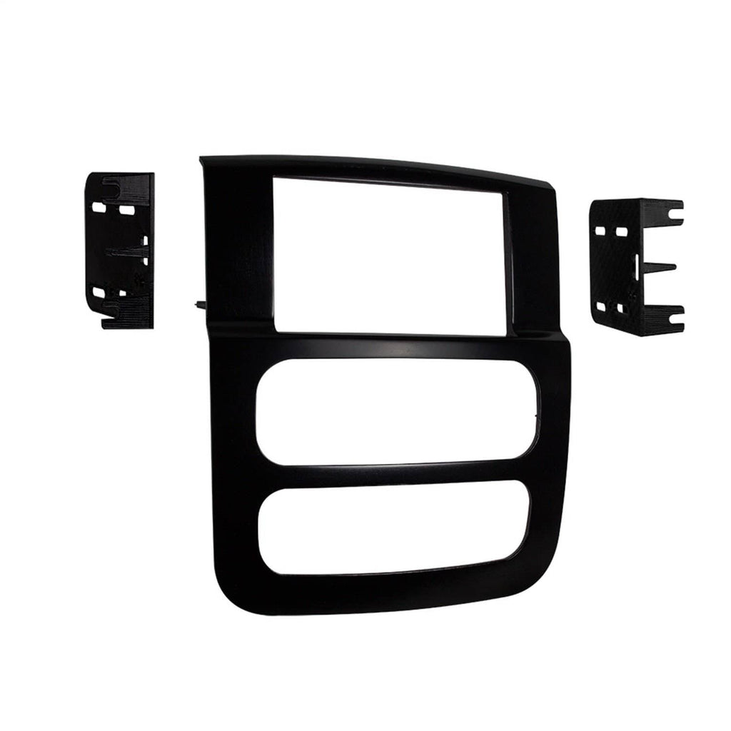 Matte black double-DIN dash bezel kit with mounting brackets and side plates