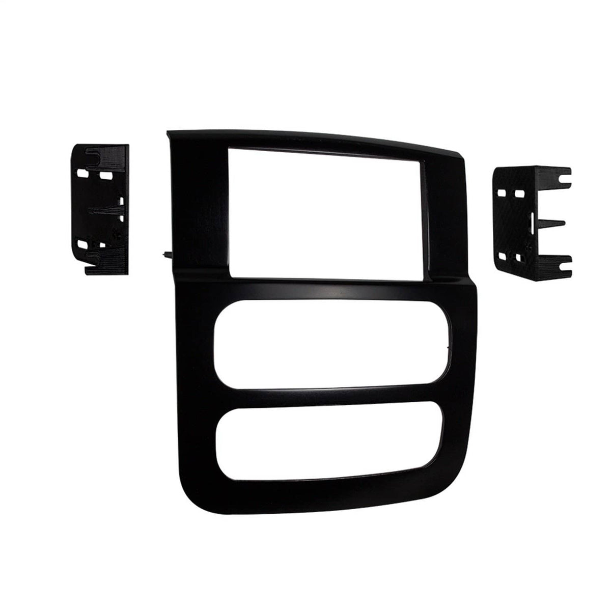 Matte black double-DIN dash bezel kit with mounting brackets and side plates