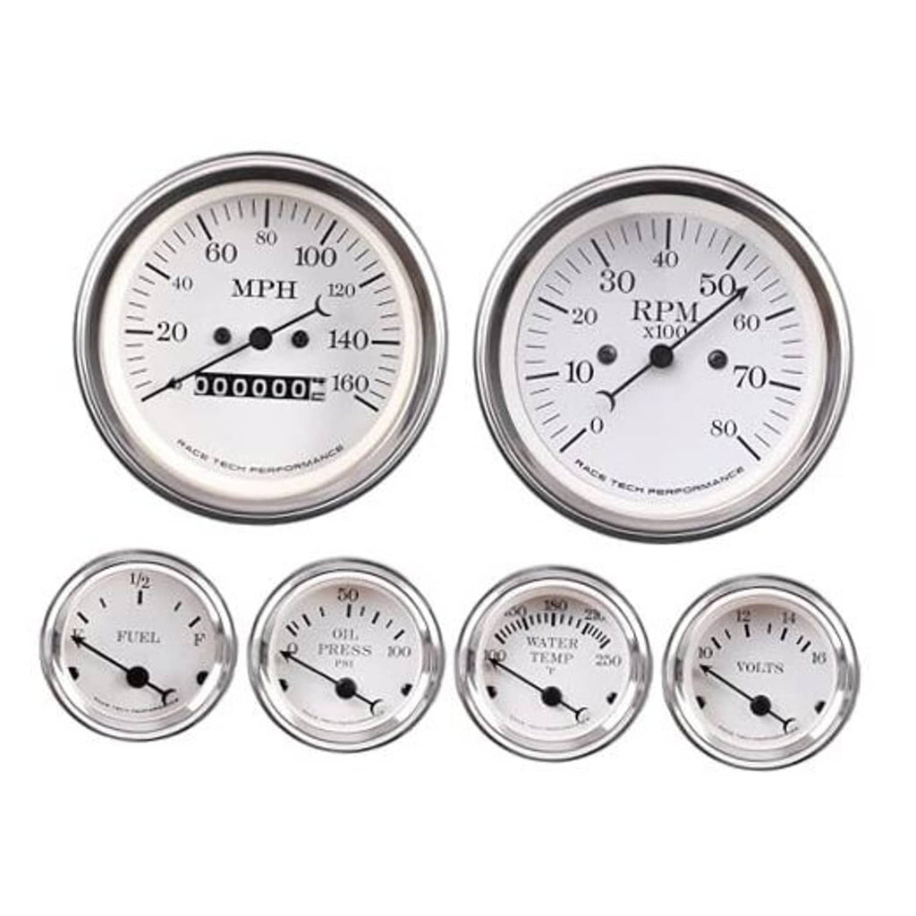 Dual mechanical gauges with chrome bezels, white faces, MPH and RPM dials