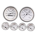 Dual mechanical gauges with chrome bezels, white faces, MPH and RPM dials