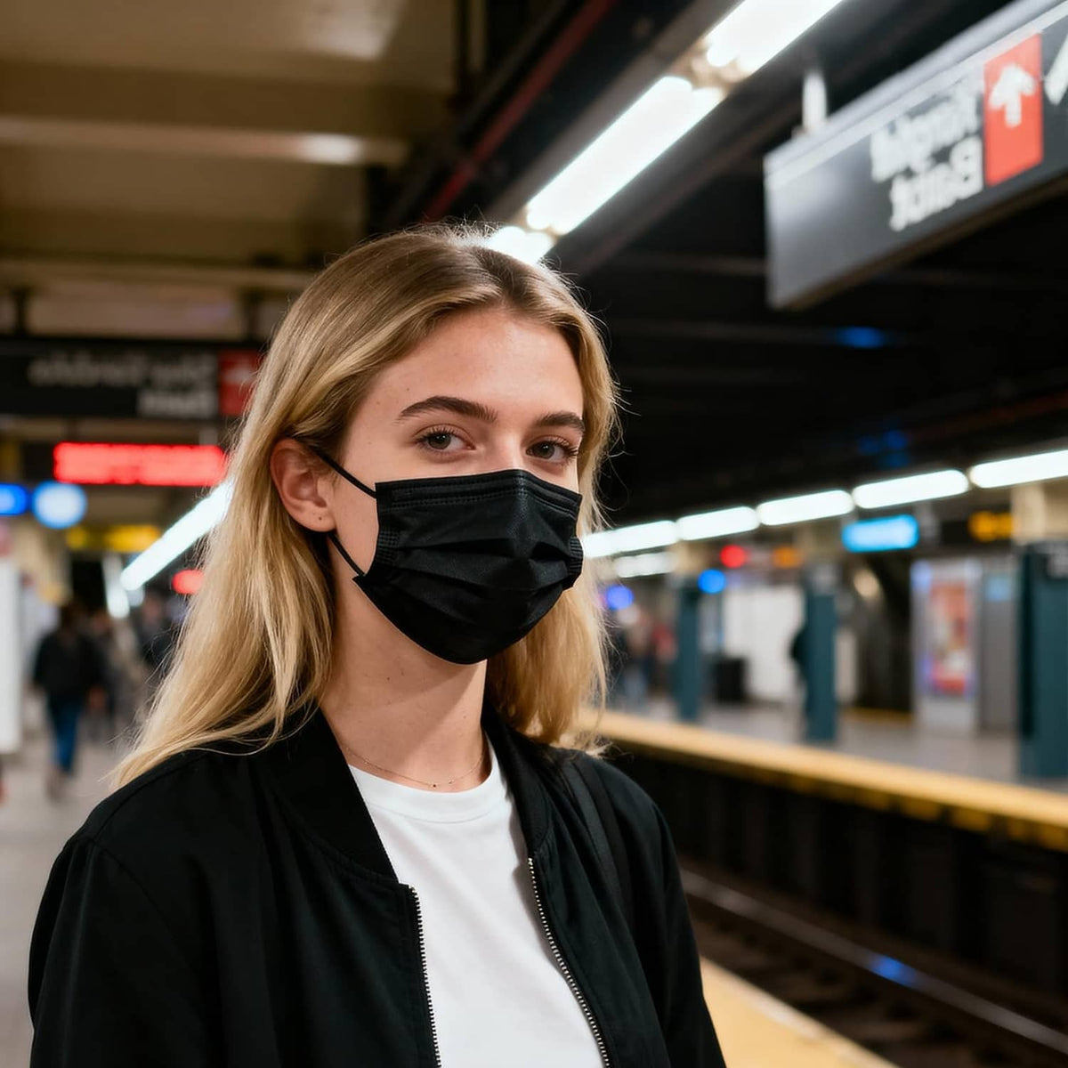 3-ply black disposable face mask on woman, covering nose and mouth