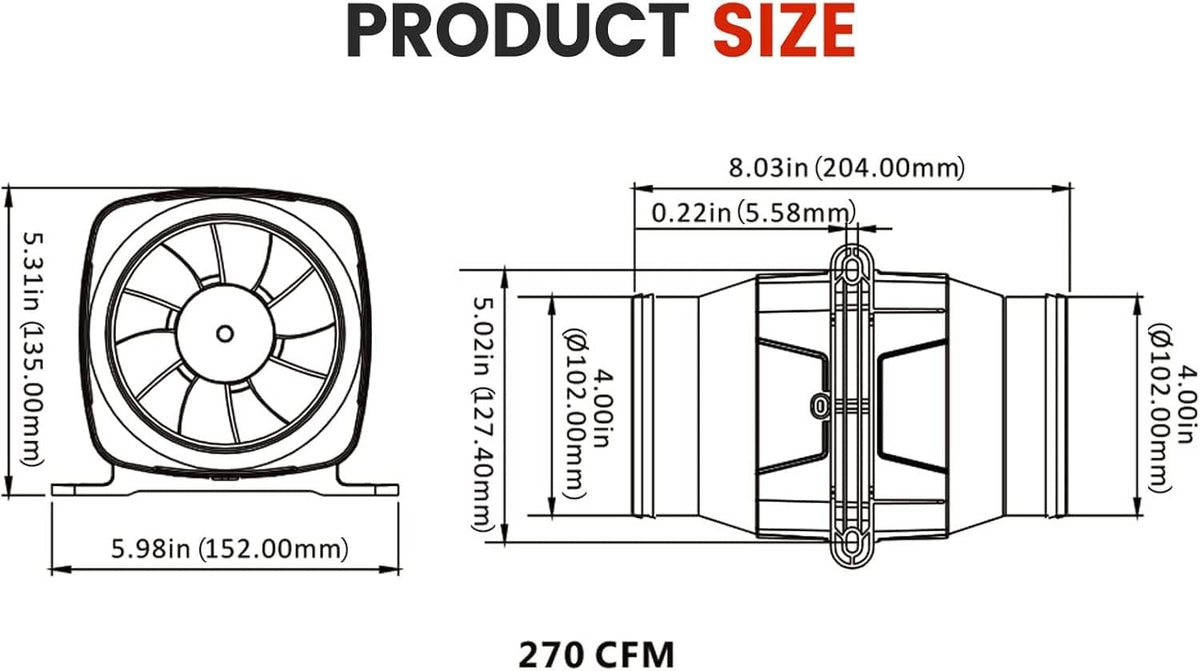 In-line bilge air blower product size diagram with 270 CFM measurement labels