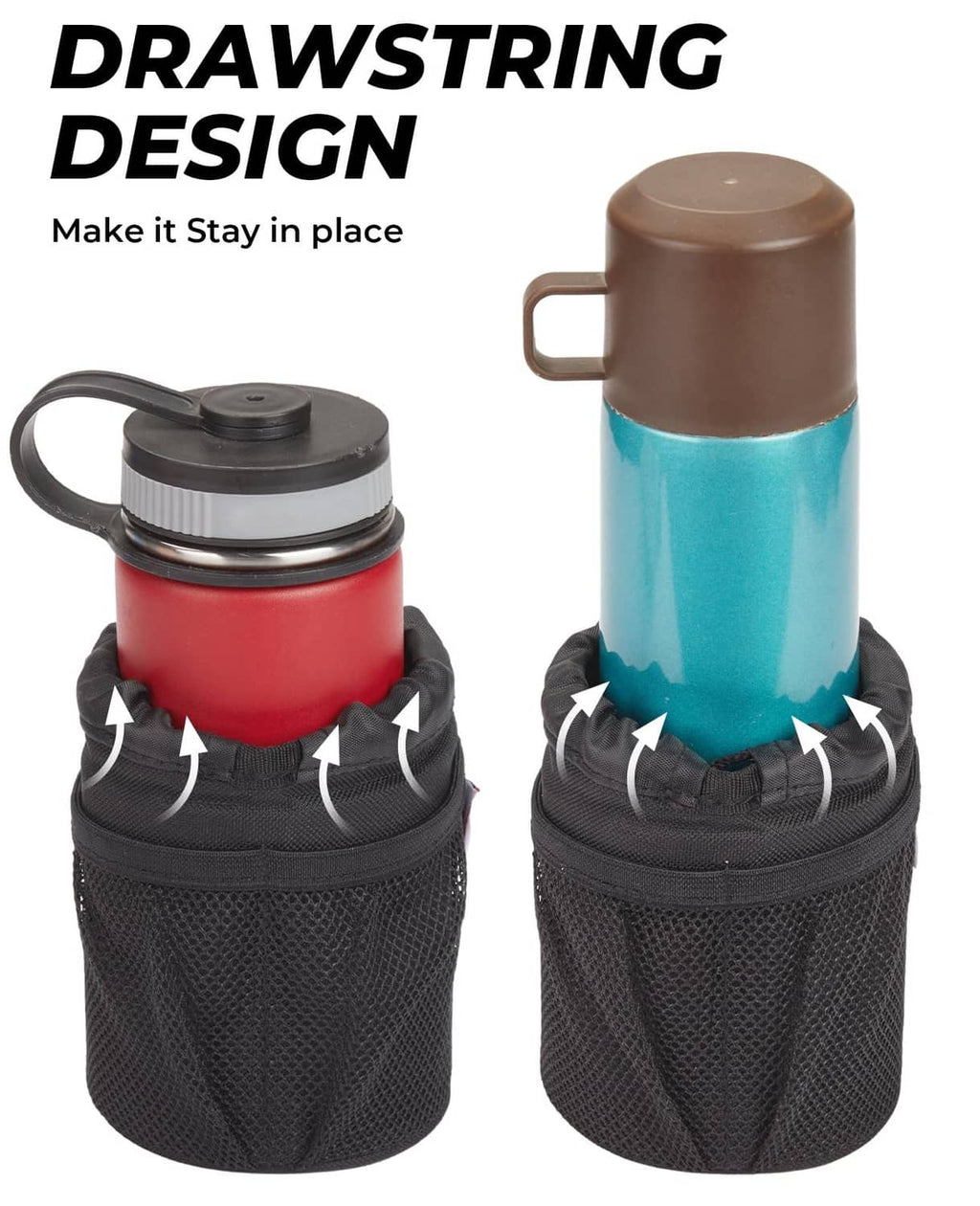 Black drawstring cup holder with adjustable top for bottles, oxford fabric exterior