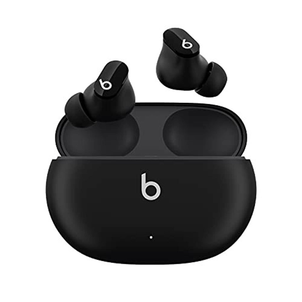 Black charging case with two true wireless earbuds standing upright, b logo on front and tips