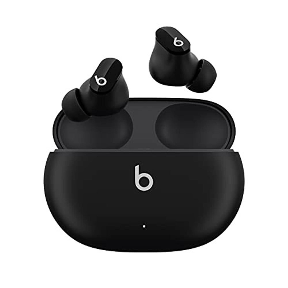 Black charging case with two true wireless earbuds standing upright, b logo on front and tips
