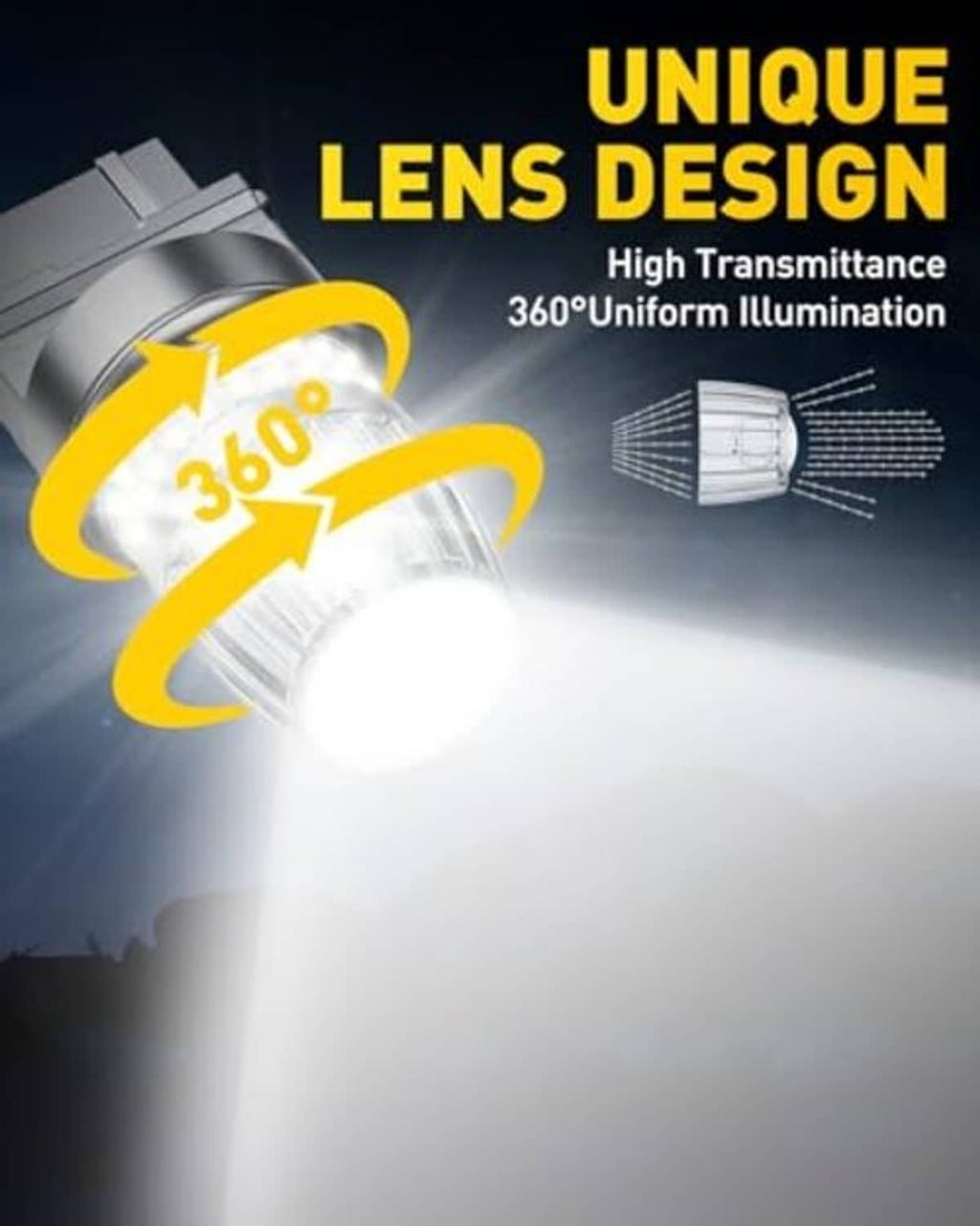 LED reverse light bulb tip with clear lens over multi-chip yellow LED array