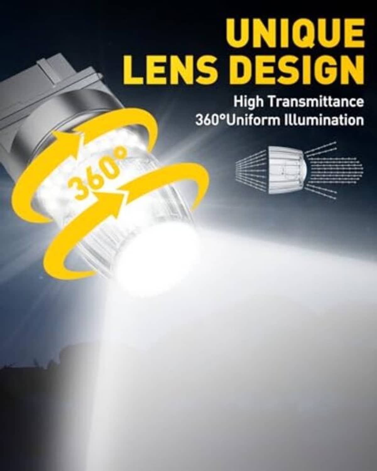 LED reverse light bulb tip with clear lens over multi-chip yellow LED array