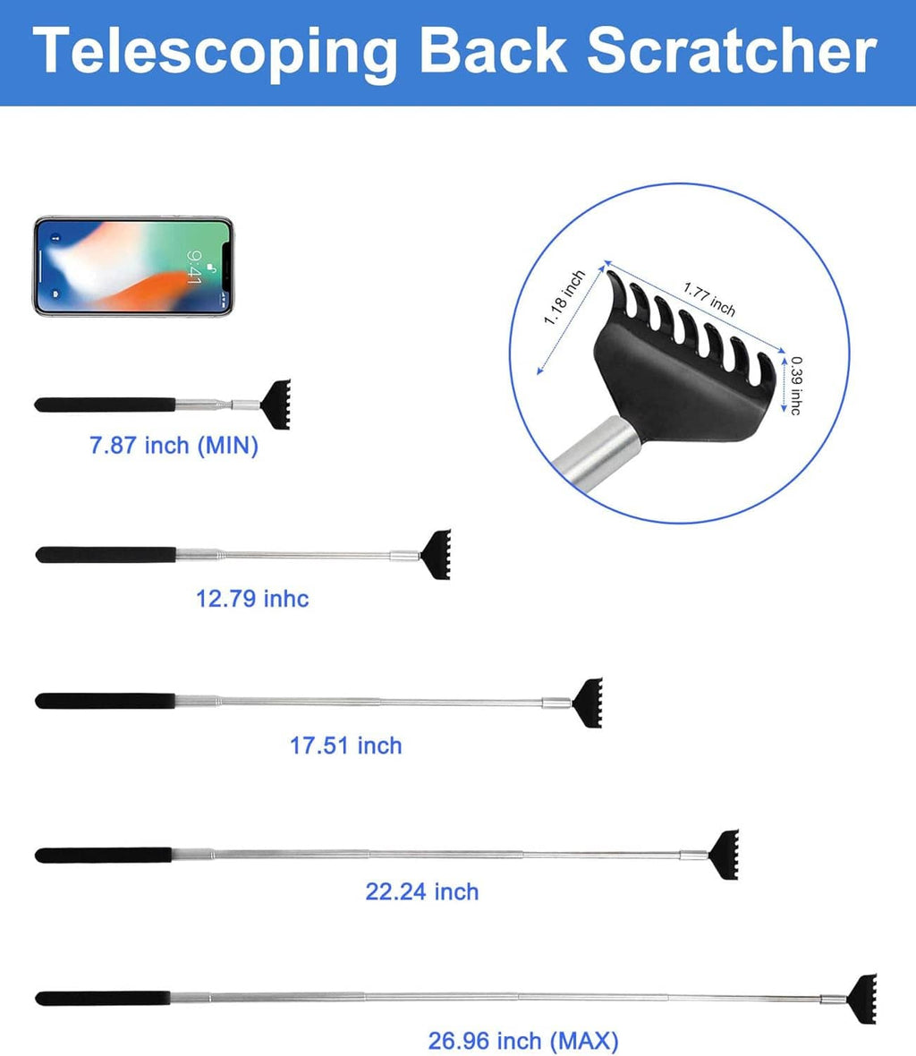 Extendable back scratcher with telescoping lengths showing different reach sizes