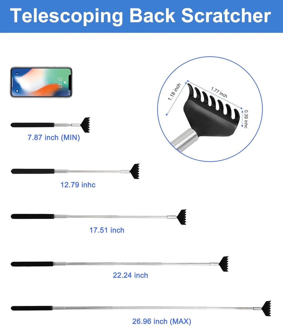 Extendable back scratcher with telescoping lengths showing different reach sizes