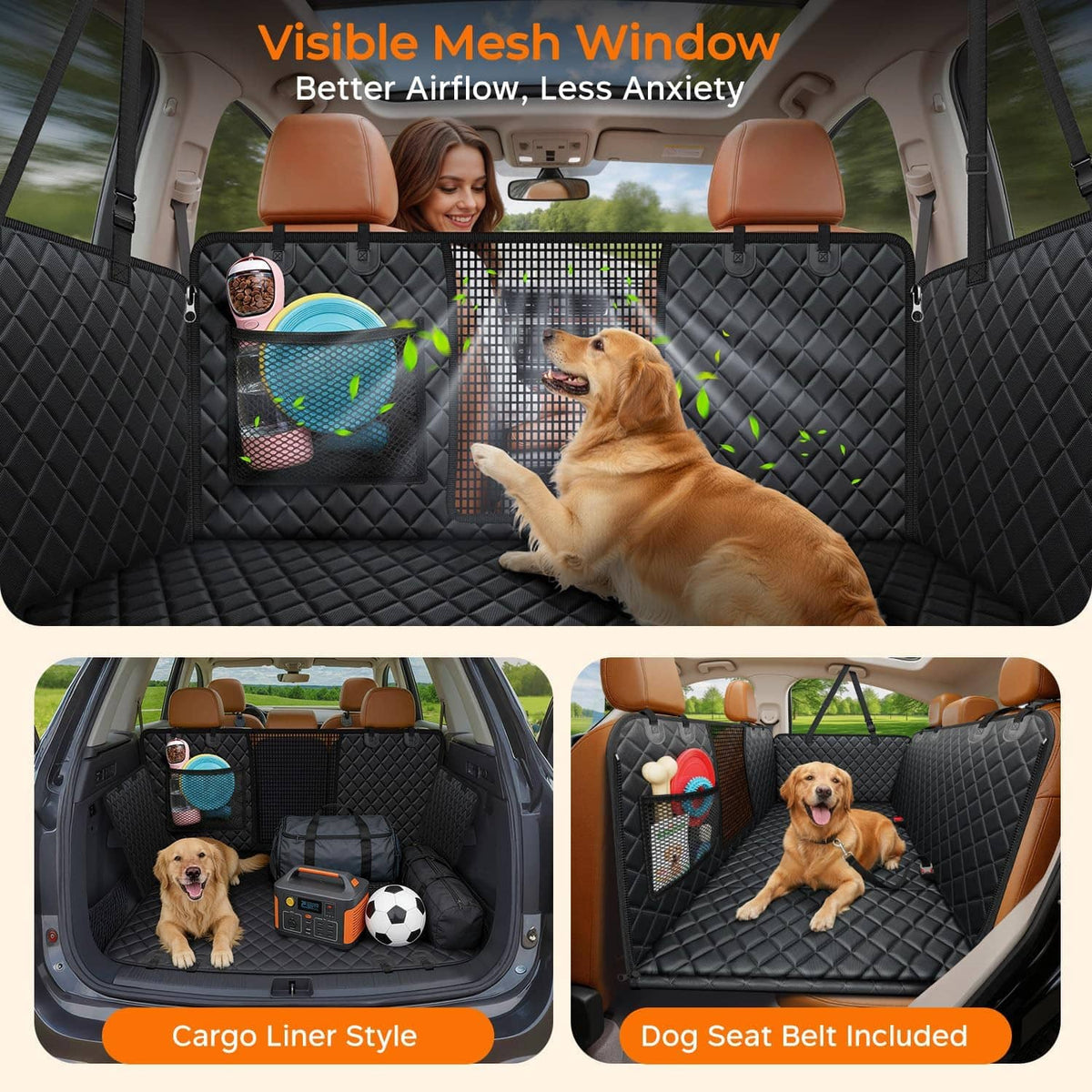Black quilted dog backseat extender with mesh window and golden retriever