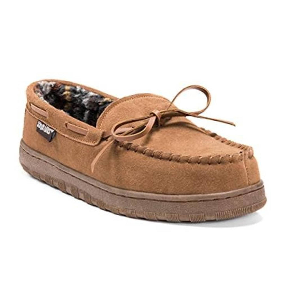 Men's tan suede slipper with moc toe, faux-fur lining, lace tie and rubber sole