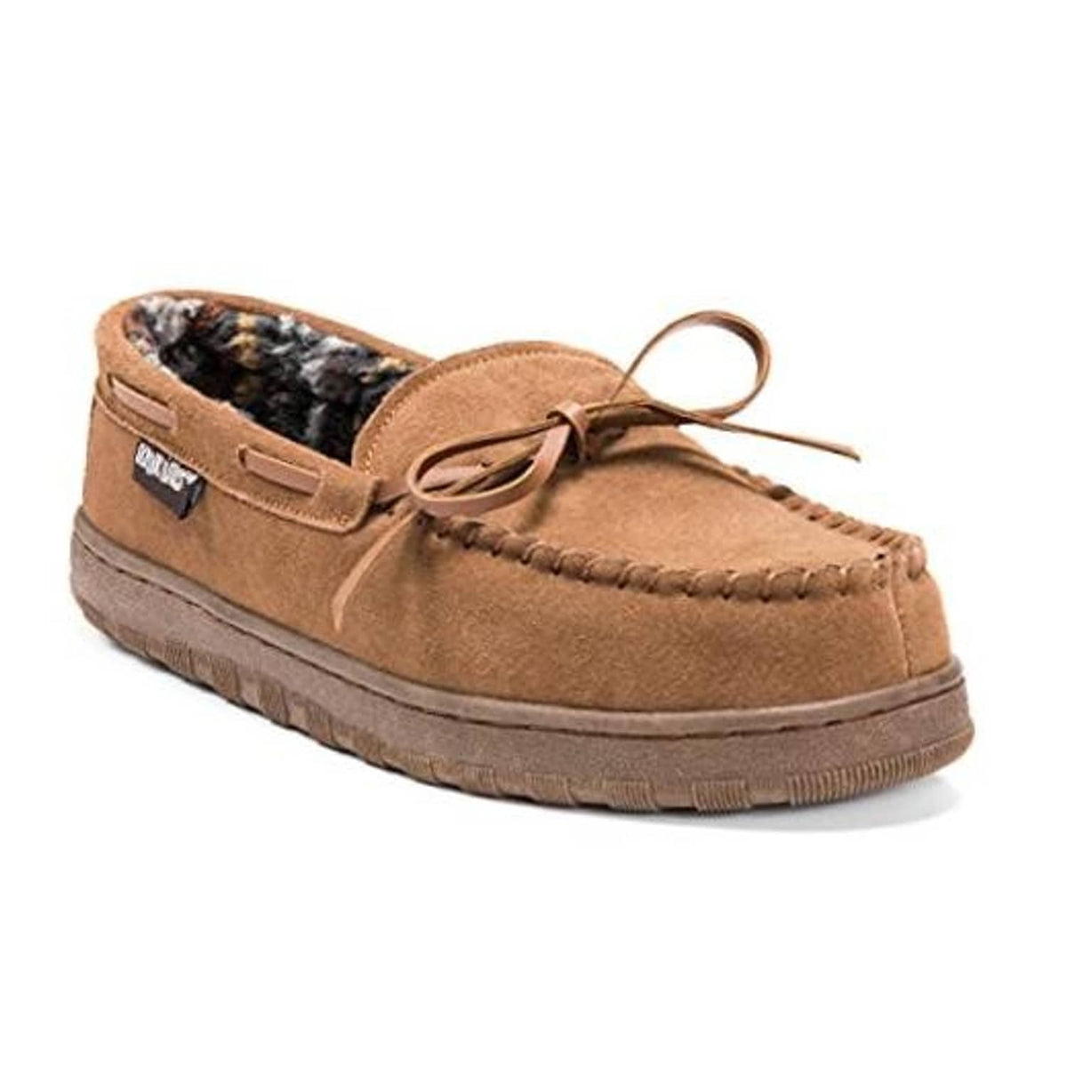 Men's tan suede slipper with moc toe, faux-fur lining, lace tie and rubber sole