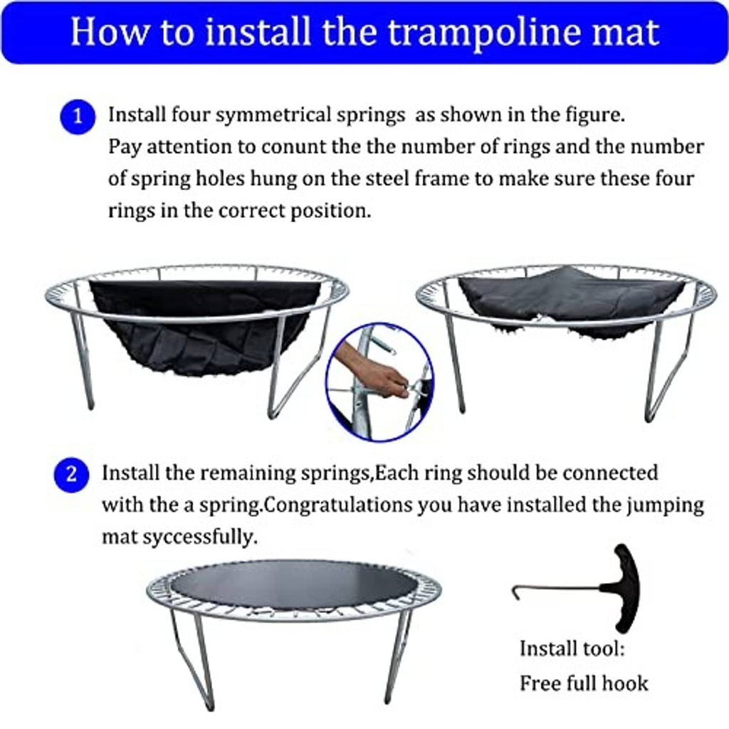 Trampoline mat installation steps showing black mat and connected V-ring springs