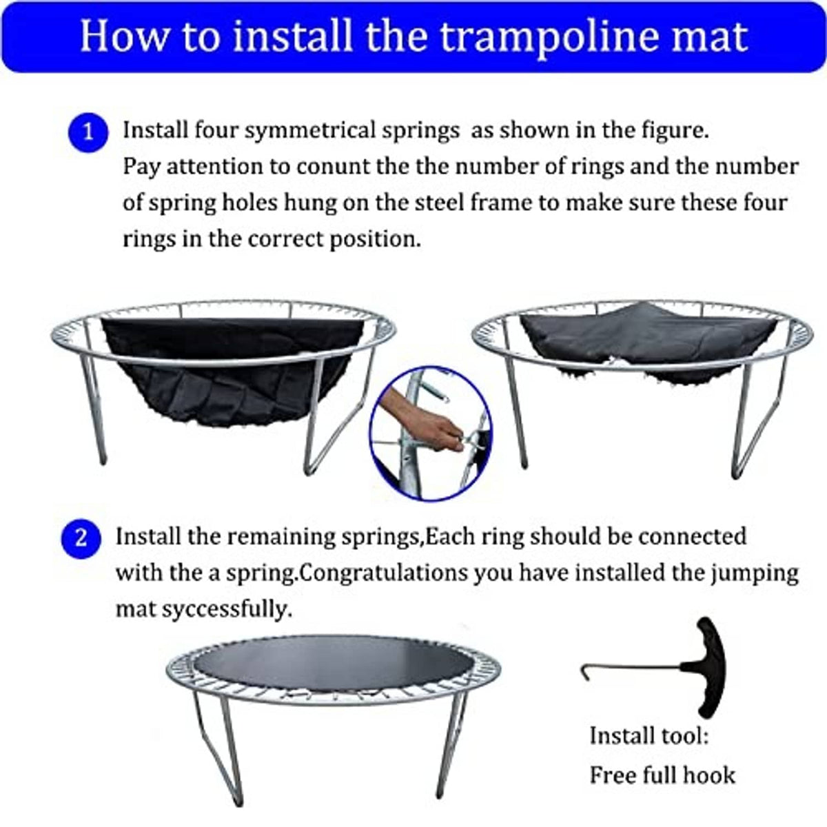 Trampoline mat installation steps showing black mat and connected V-ring springs