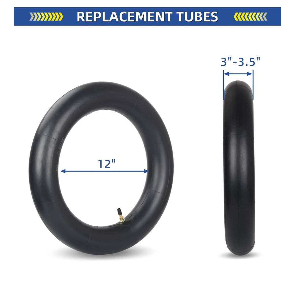 Black replacement dirt bike inner tube, 12-inch length with 3-3.5 inch width, side view