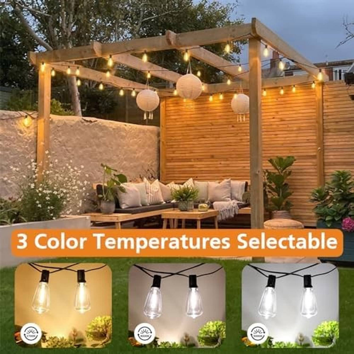 Outdoor string lights with black wire and clear bulbs hanging from wooden frame