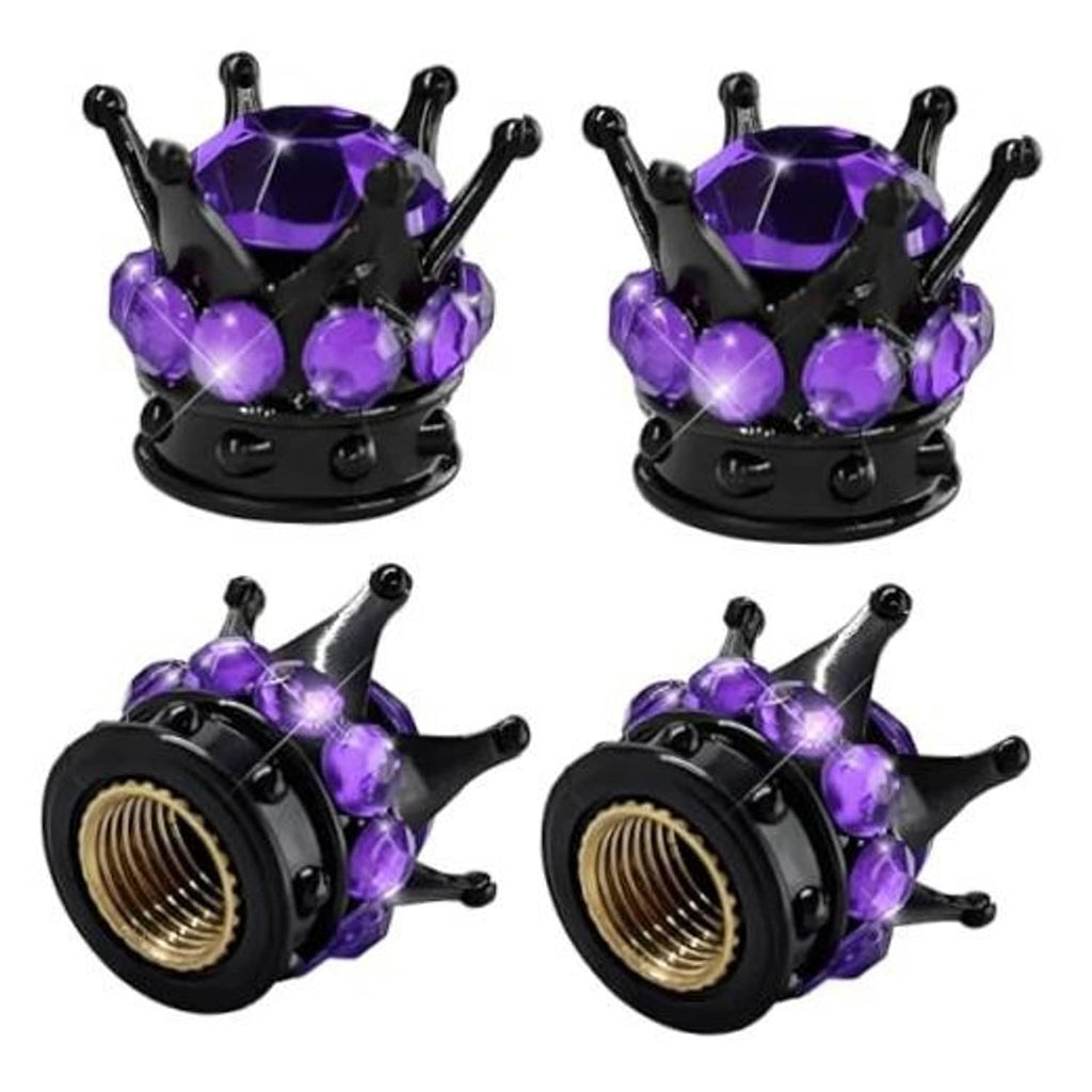 Black crown tire valve stem caps with purple faceted gem accents, decorative 4-pack