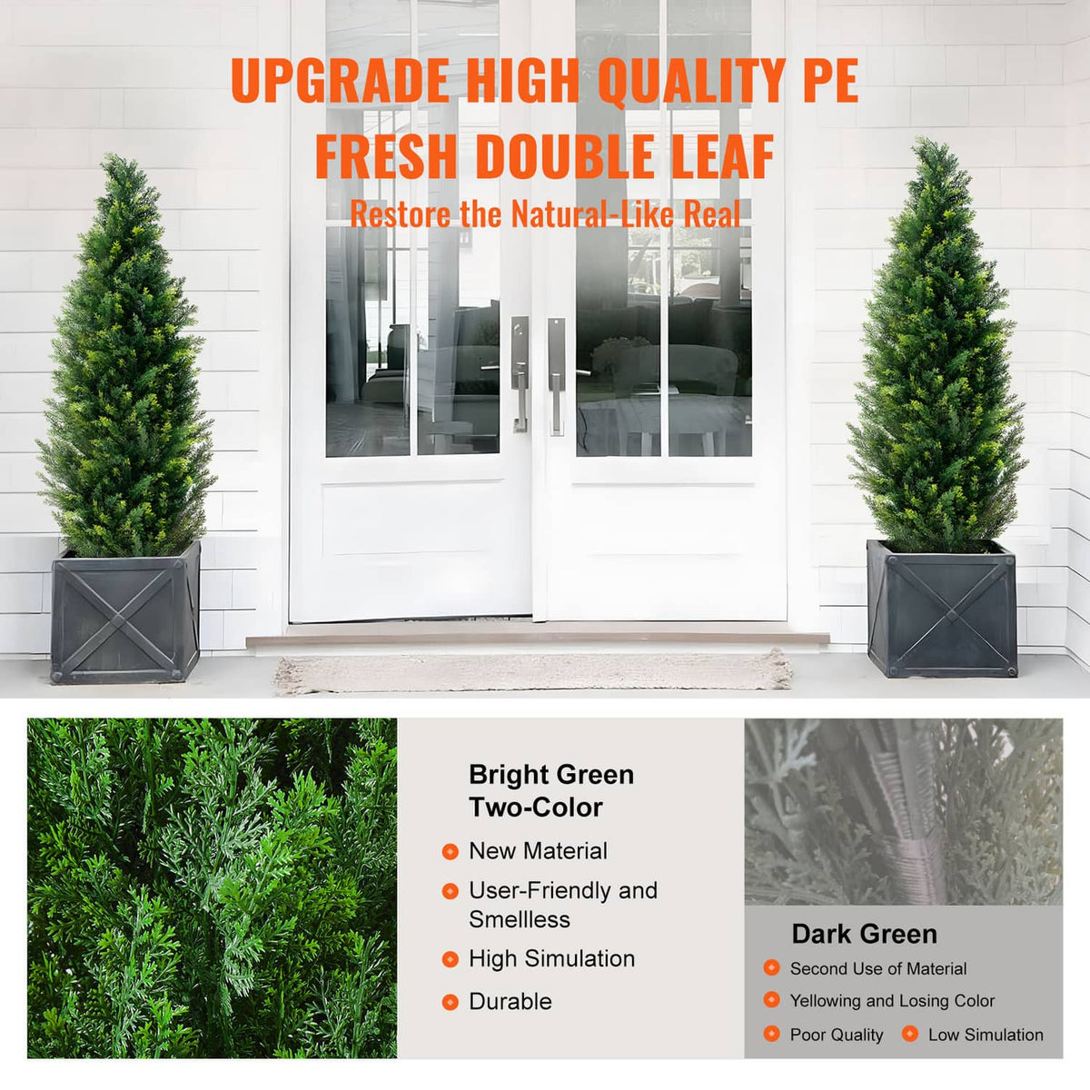 Pair of artificial cedar topiary trees with bright green two-tone foliage in pots