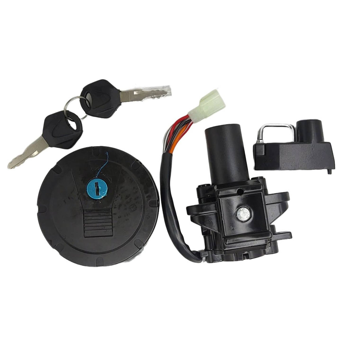 Fuel cap lock and ignition switch with keys and electrical connectors