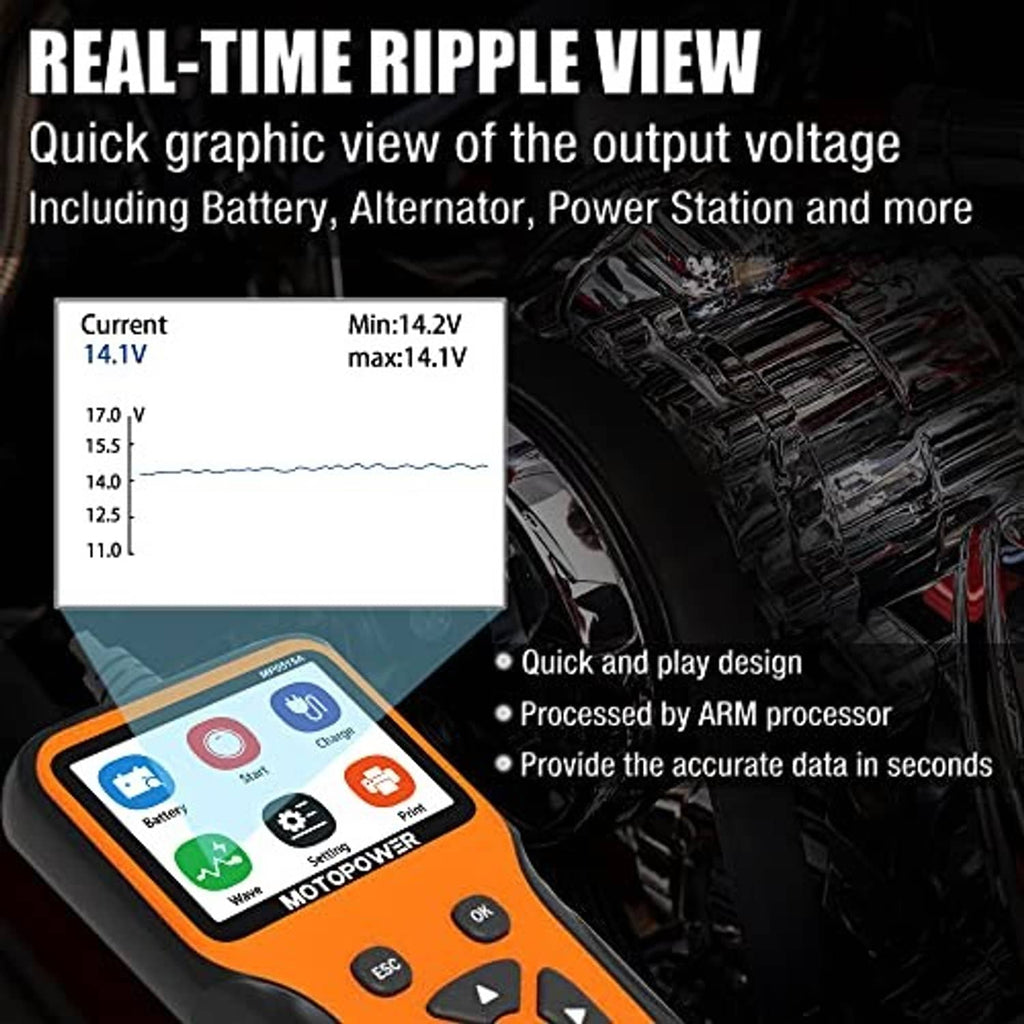 Car battery tester showing real-time ripple graph on LCD with orange/black handheld