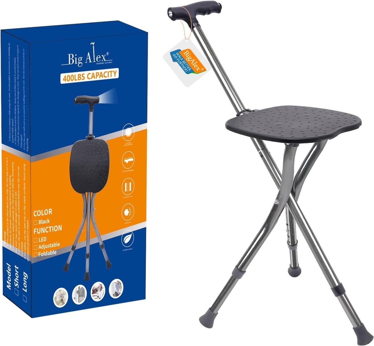 Adjustable walking cane with seat, black handle, and tripod-style silver legs