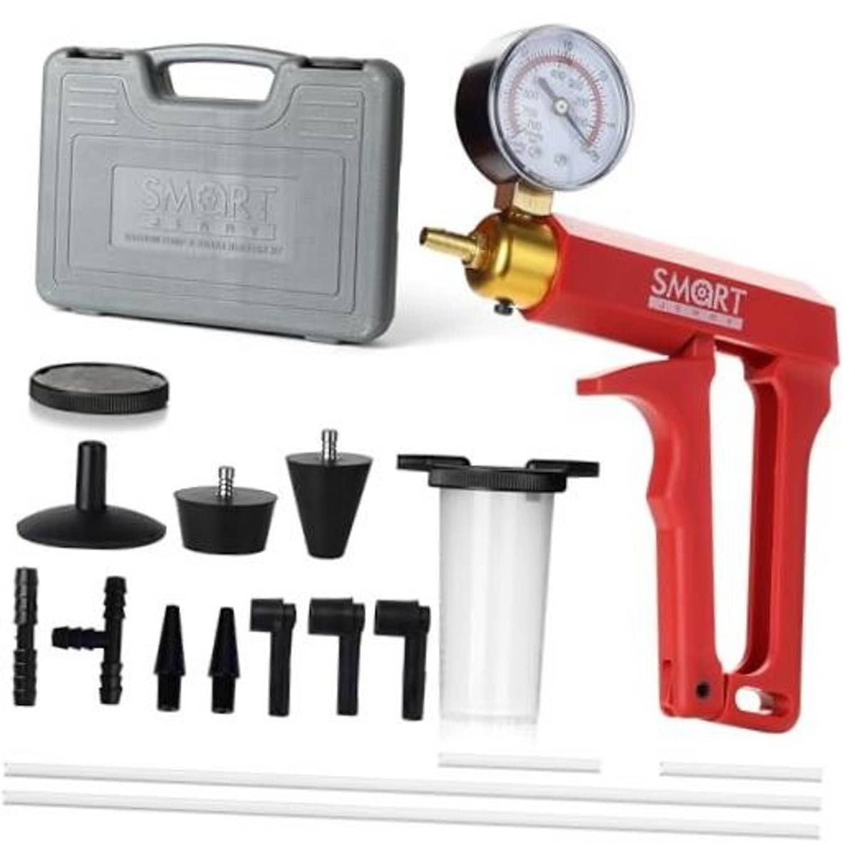 Brake bleeder kit with hand vacuum pump, pressure gauge, red handle and clear reservoir