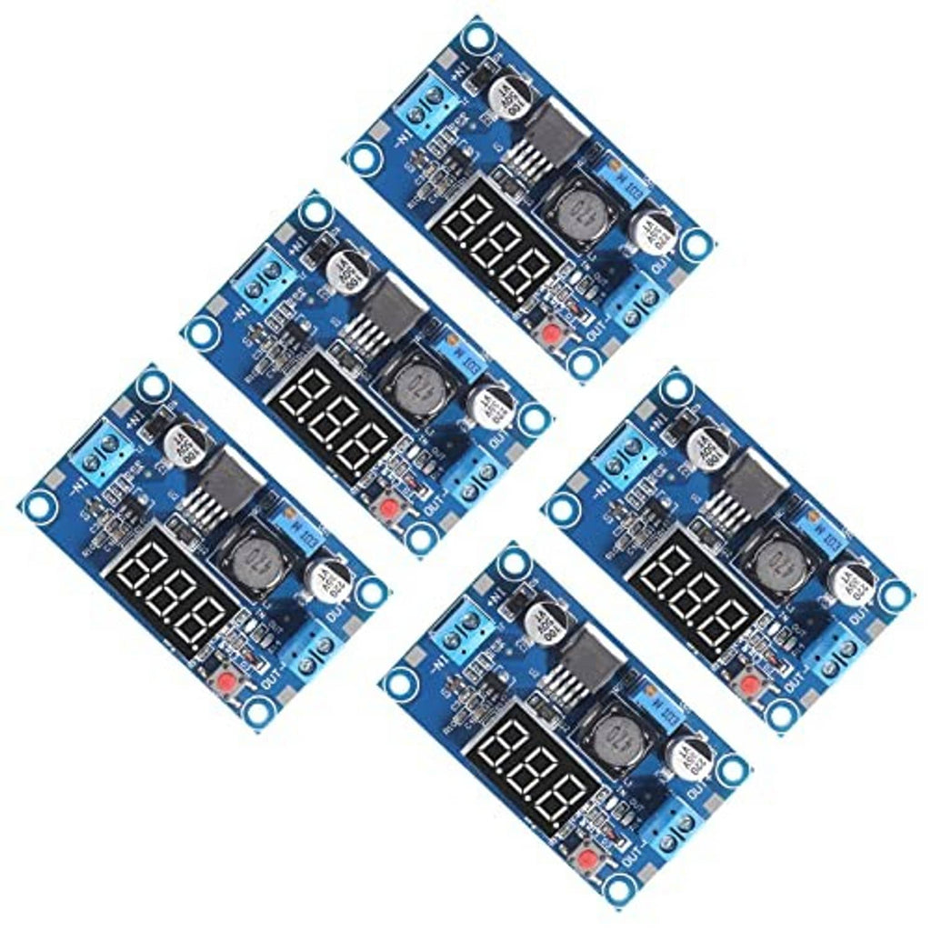 Five-pack of blue LM2596 buck converter boards with LED voltage displays and screw terminal blocks