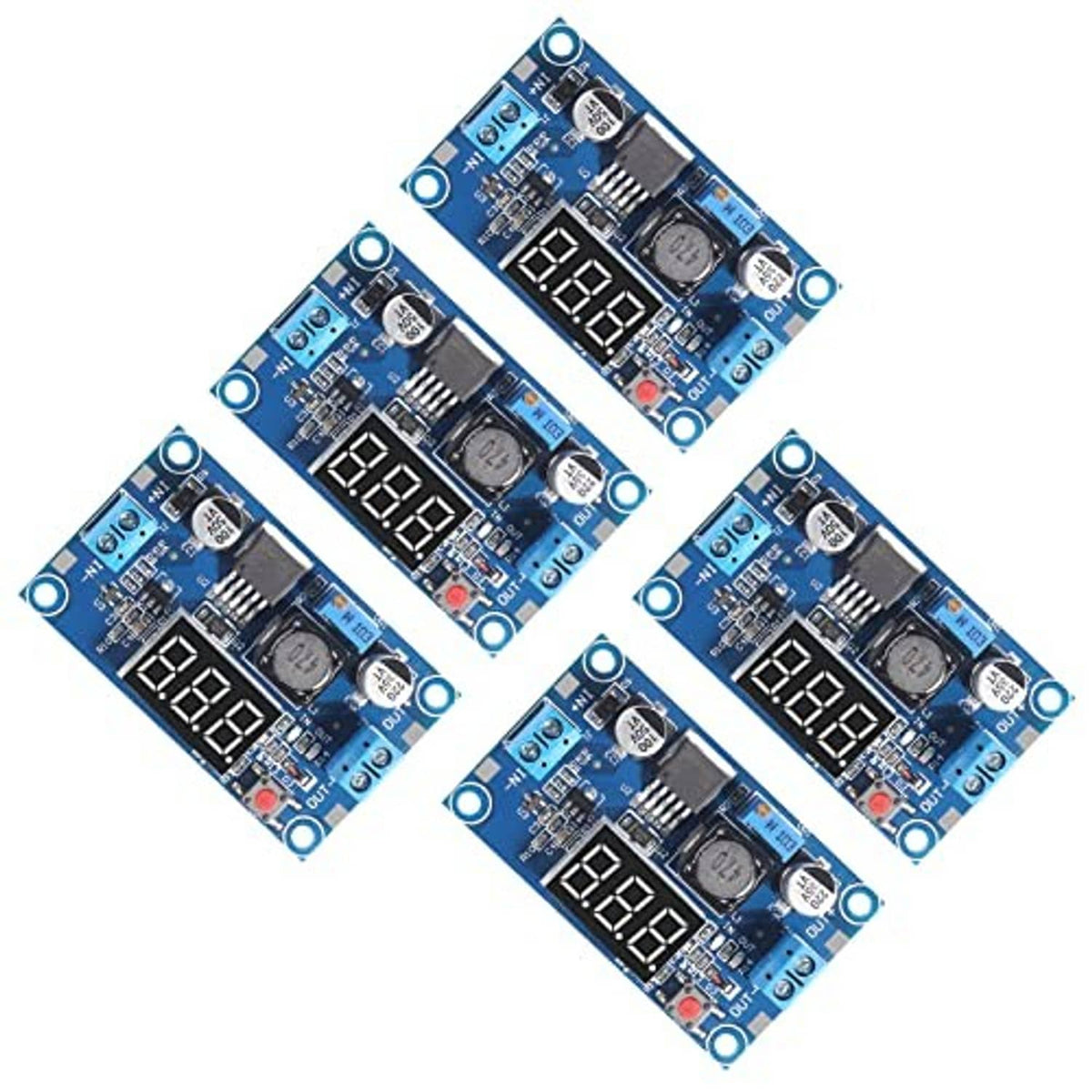 Five-pack of blue LM2596 buck converter boards with LED voltage displays and screw terminal blocks