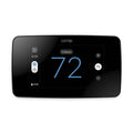 Black touchscreen smart thermostat with beveled edge and temperature display