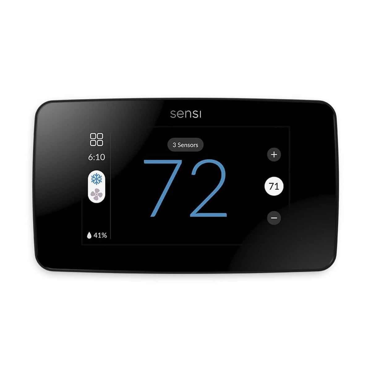 Black touchscreen smart thermostat with beveled edge and temperature display