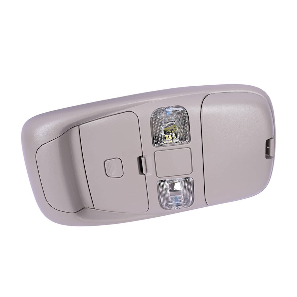 Vehicle overhead console with two lamp lenses and side cover piece, light gray.