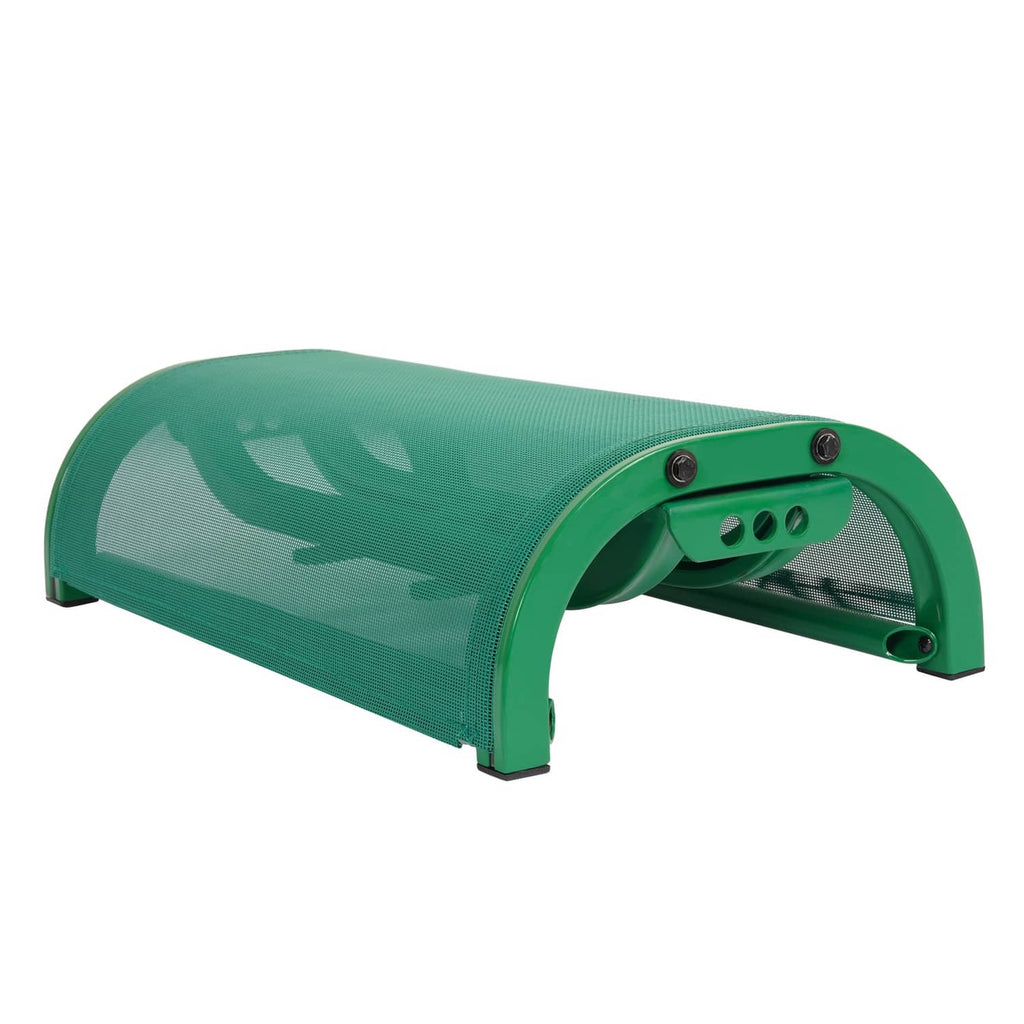 Green mesh boat seat with curved back and arched aluminum frame, end supports visible.