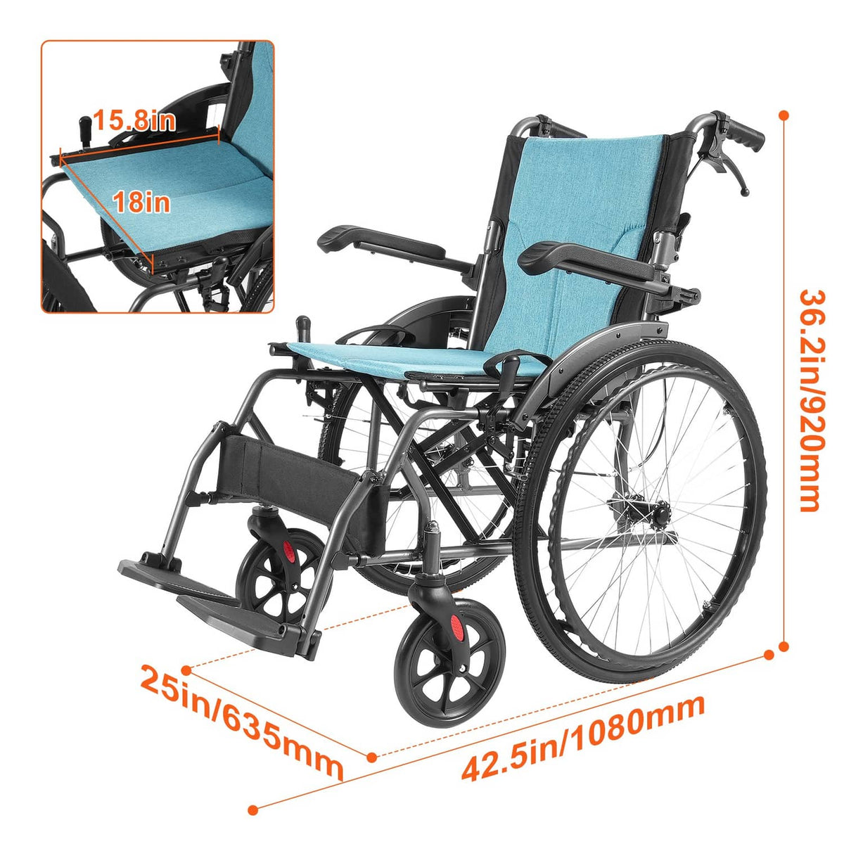 Foldable manual wheelchair with blue seat cushion, front casters, and folding frame