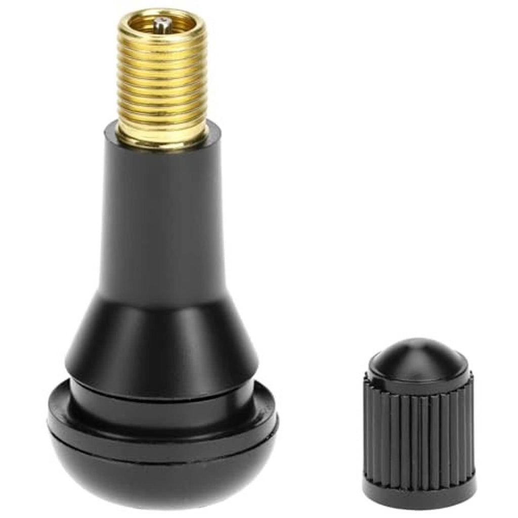 Black rubber snap-in tire valve stem with exposed brass threaded core and cap