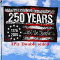 Black 250 years decorative USA flag with red and white distressed stripes, stars, and text