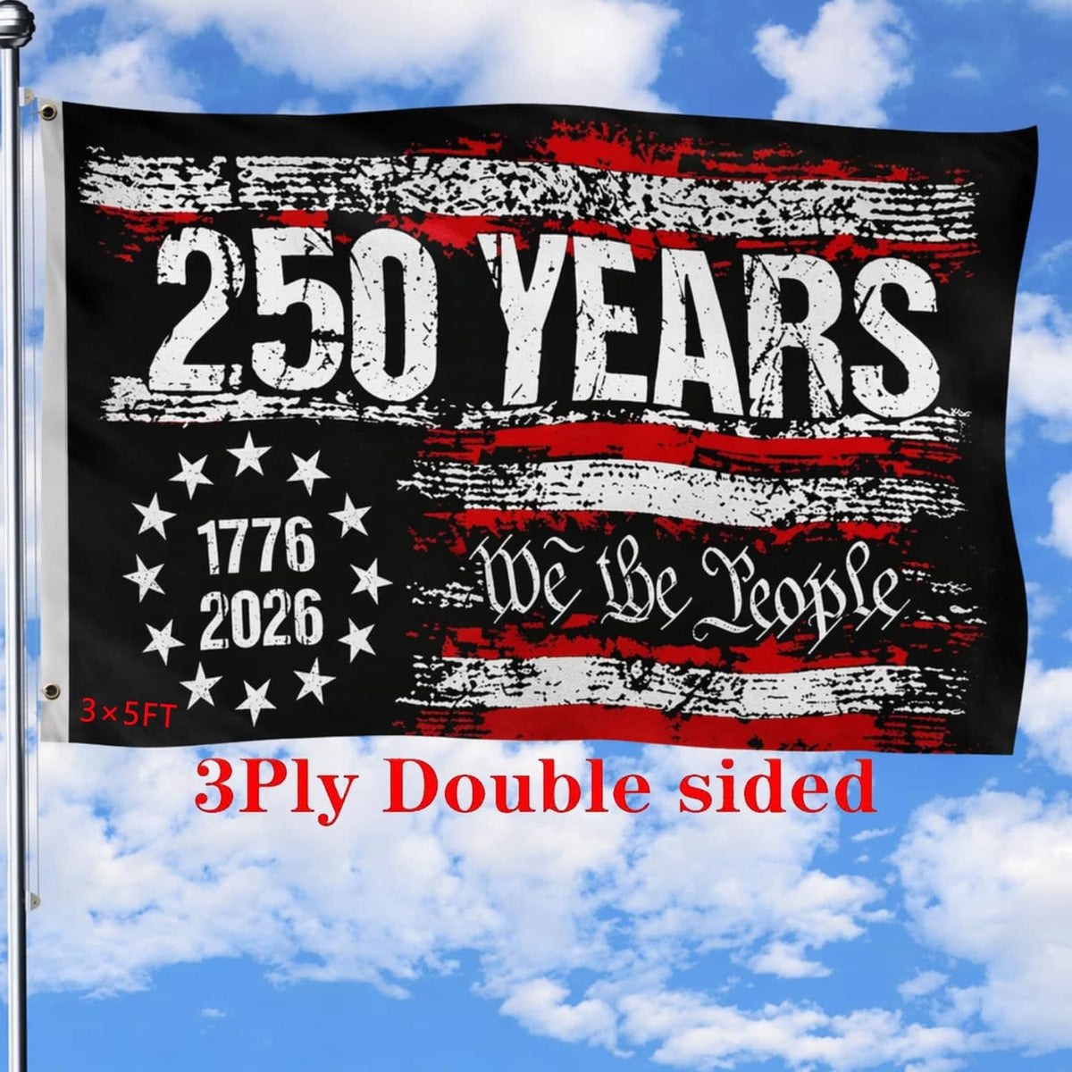 Black 250 years decorative USA flag with red and white distressed stripes, stars, and text