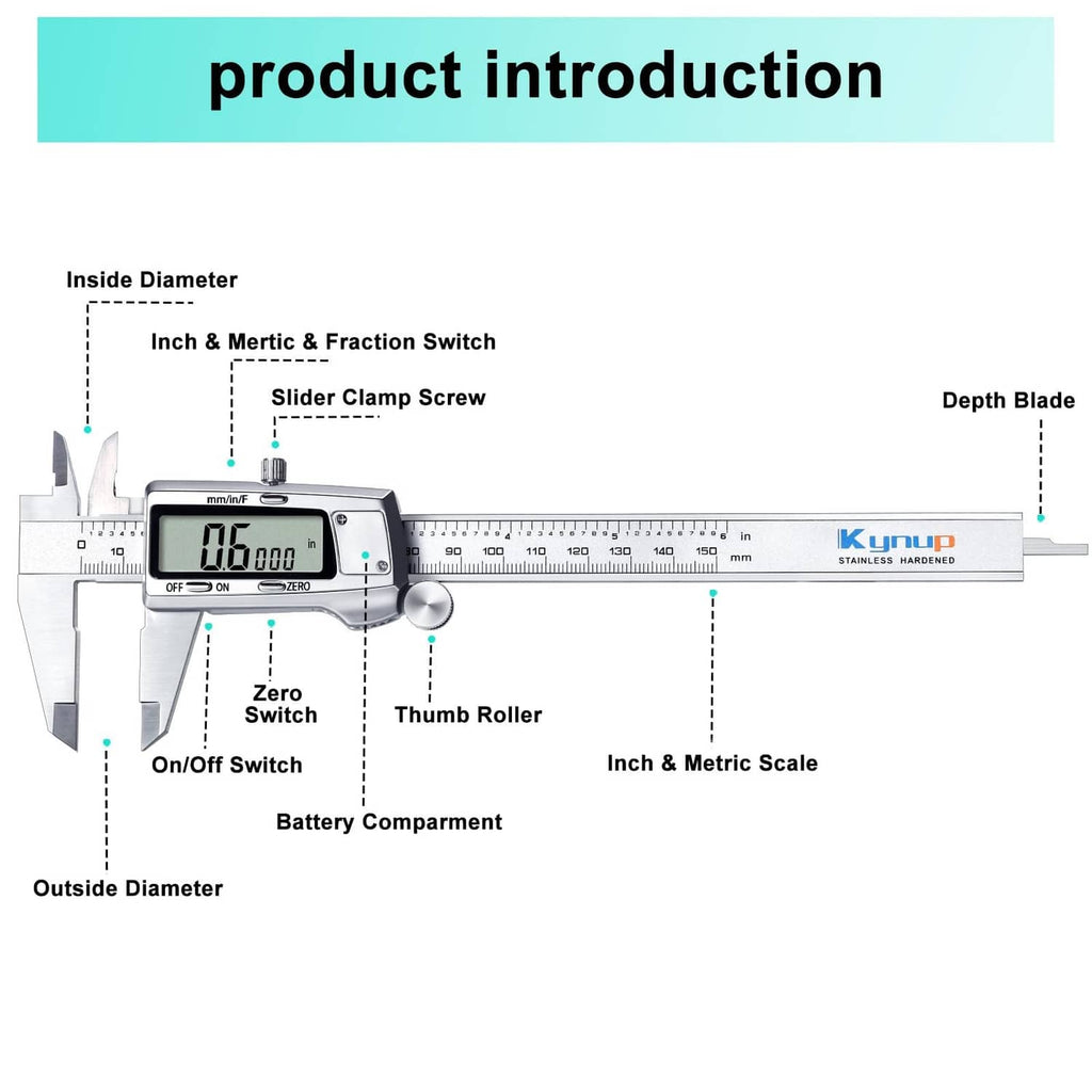 Digital caliper with LCD screen, thumb roller, on/off and zero switches