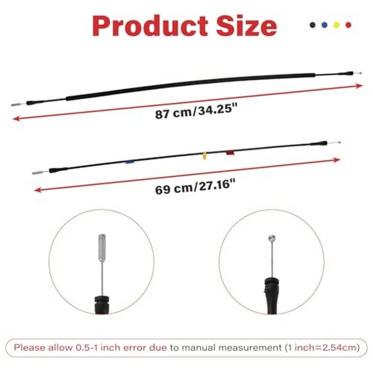 Door latch cable size diagram with two length options labeled in cm and inches