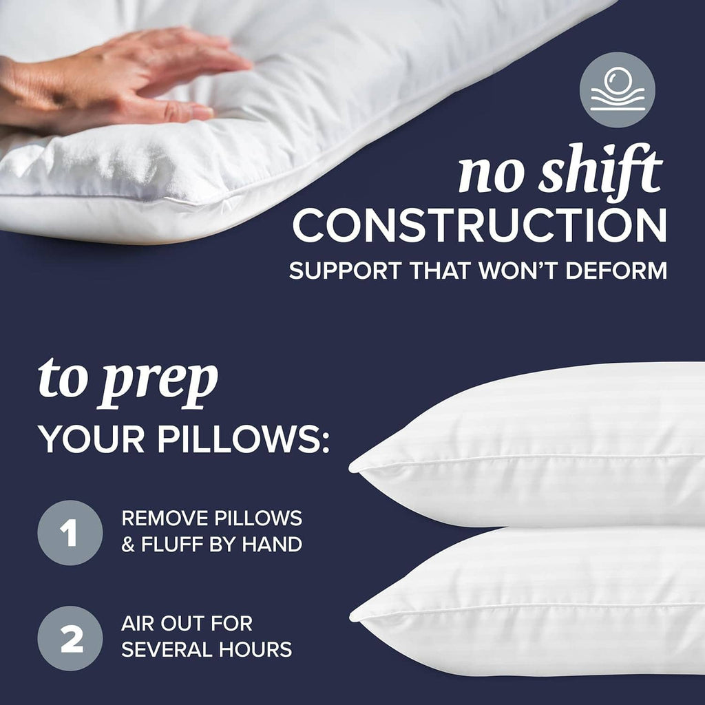 White down alternative bed pillow being adjusted by hands, king-size style