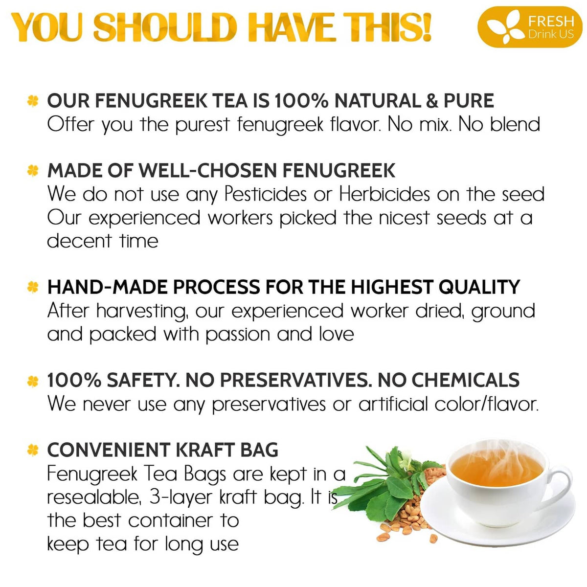 Fenugreek tea bag information card with batch and ingredient details