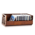 Brown wooden CD holder rack with side cutout handles and open front tray