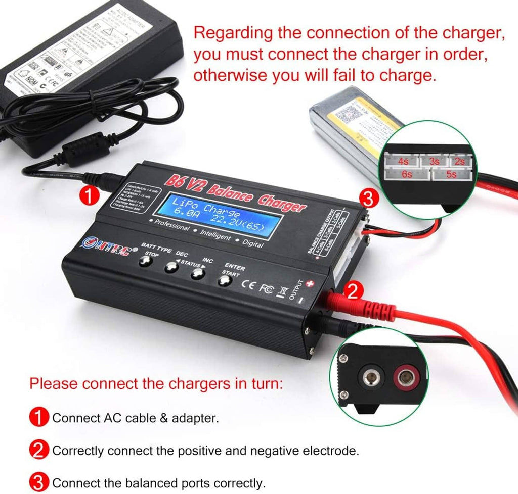 RC balance charger with power cable and red charge leads, connection ports visible