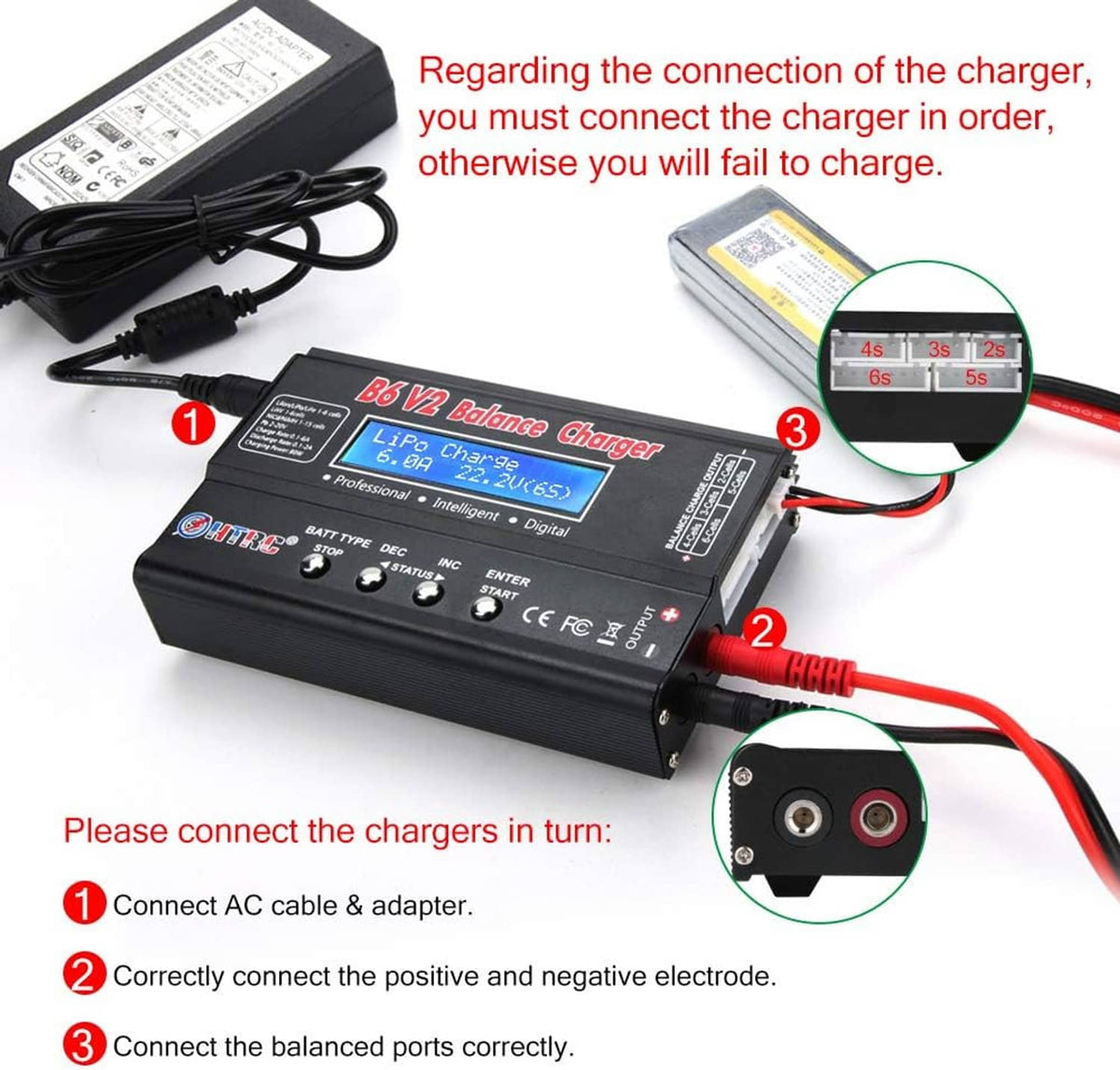RC balance charger with power cable and red charge leads, connection ports visible