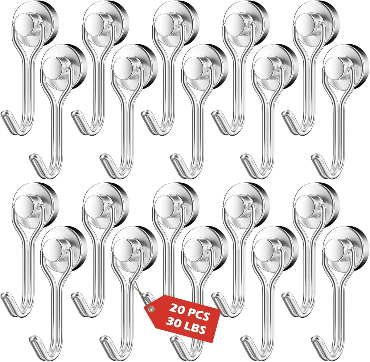 Pack of magnetic swivel hooks, chrome metal hooks, 20 PCS 30 LBS label shown