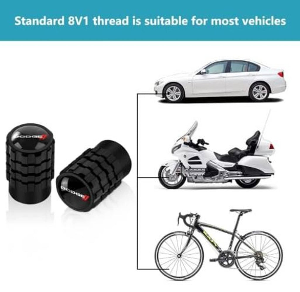 Black tire valve stem caps with 8V1 thread, shown with car and bicycle compatibility