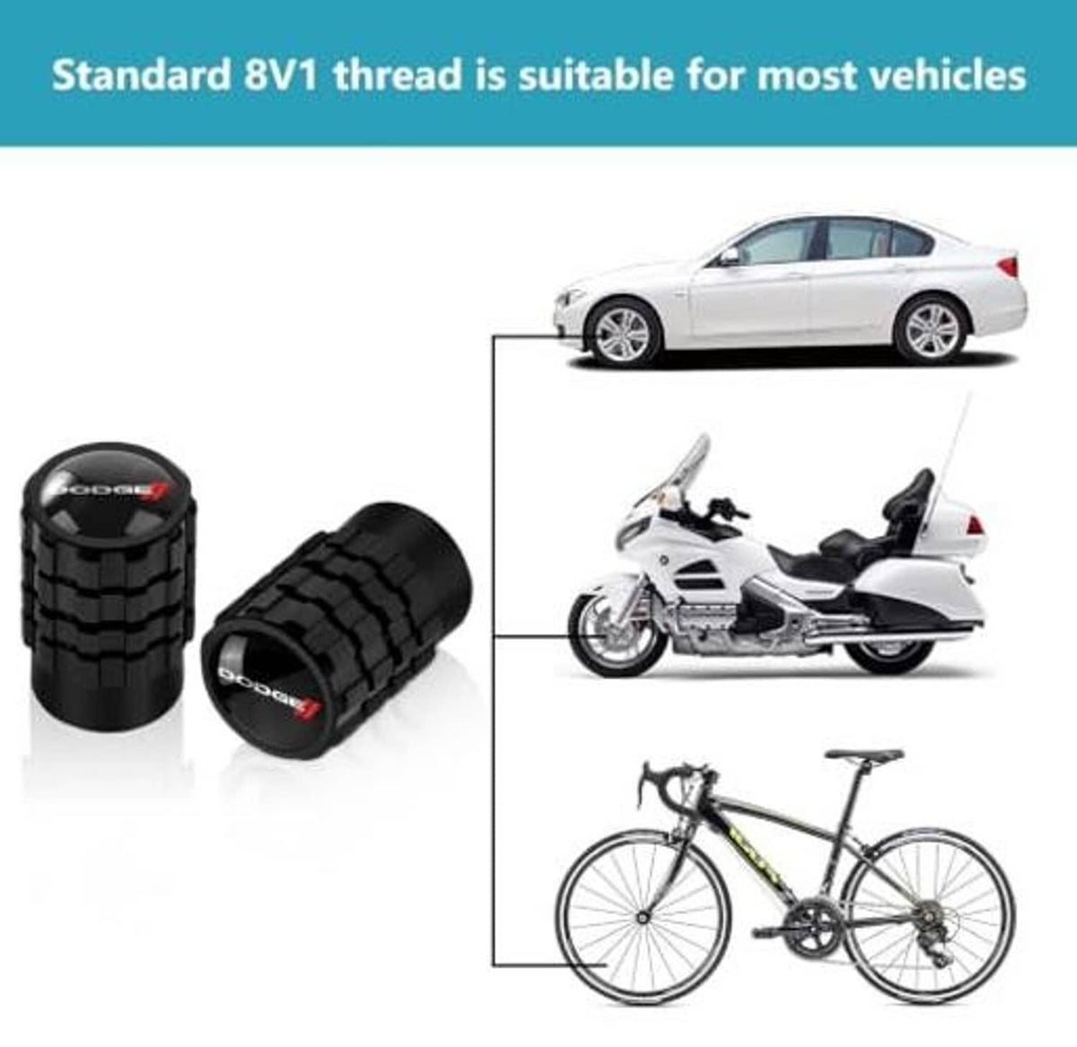 Black tire valve stem caps with 8V1 thread, shown with car and bicycle compatibility